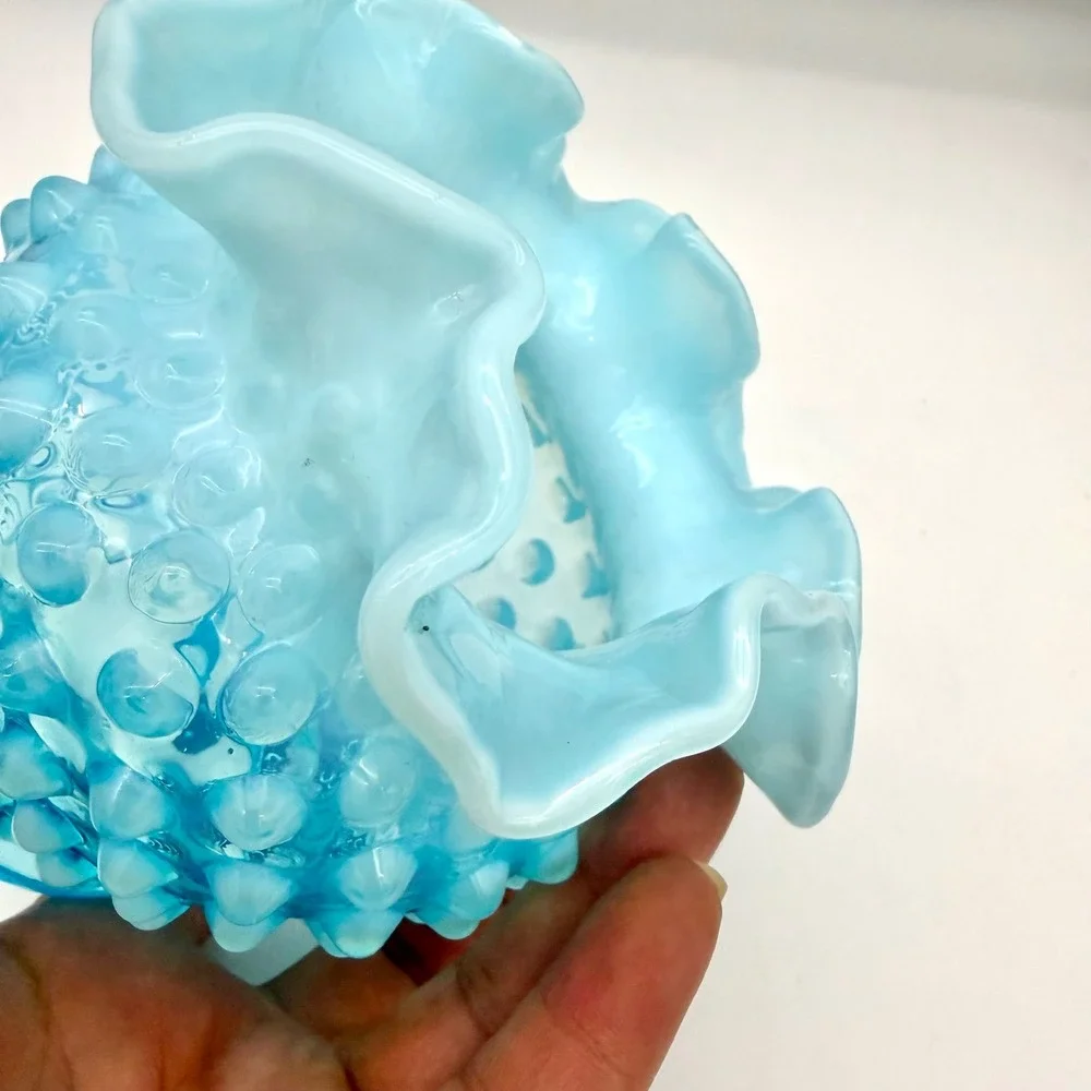Fenton Home Vase 4.5in Glass Mid-Century Blue Opalescent Hobnail Ruffled